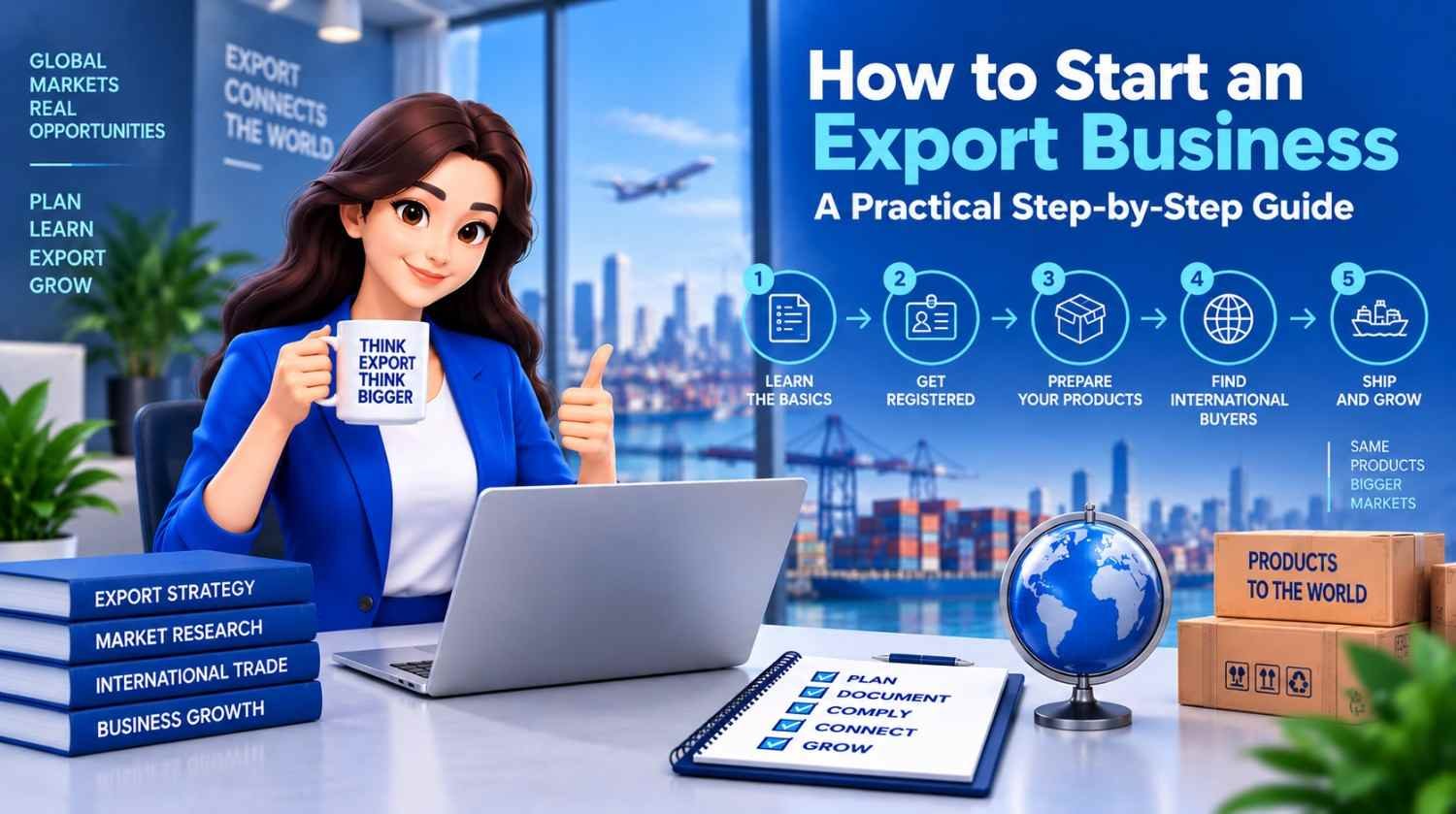 Exporter preparing products and documents for international shipment