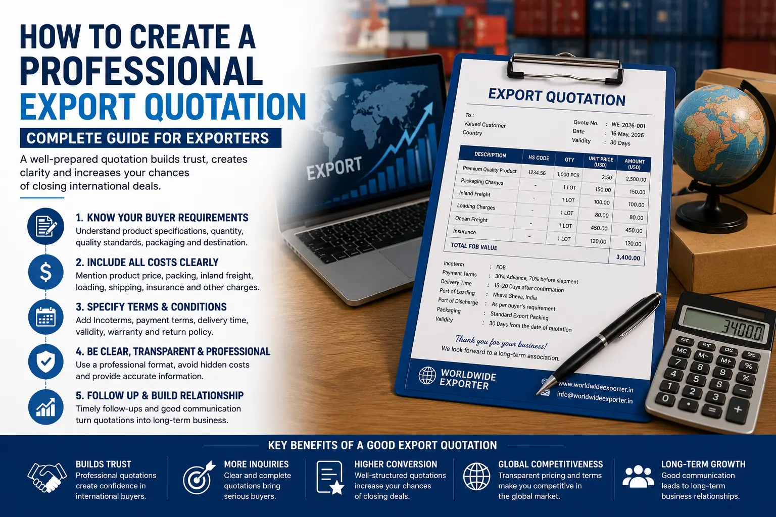 Professional export quotation and commercial documents on a desk