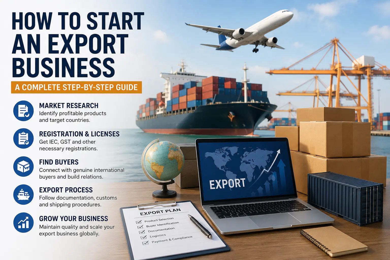 Exporter preparing products and documents for international shipment